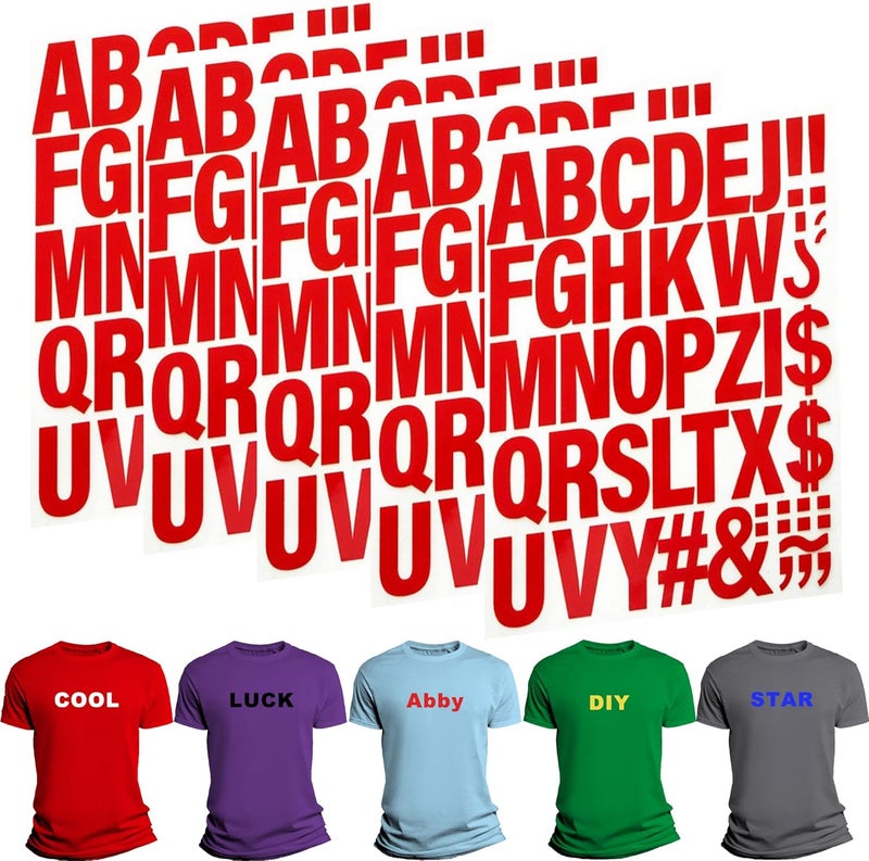 LONGMUU 220 Pieces Iron on Letters for Clothing, 5 Sheets of Red Heat Transfer Vinyl for T Shirts, A-Z Patches PU DIY Crafts Alphabets Sticker for Fabric - Image 1